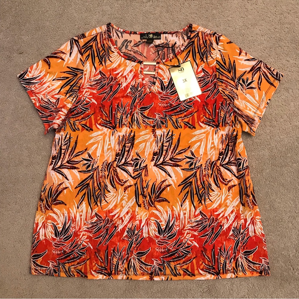 80 Park Tropical Sunset Orange Blouse NEW Size 3X Short Sleeve Easy Care Resort